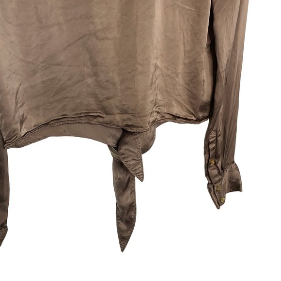 Wilfred Aritzia Gold Shimmer Tan Button Up Top Blouse Tie Cognac 2XS Cupro - Picture 14 of 16